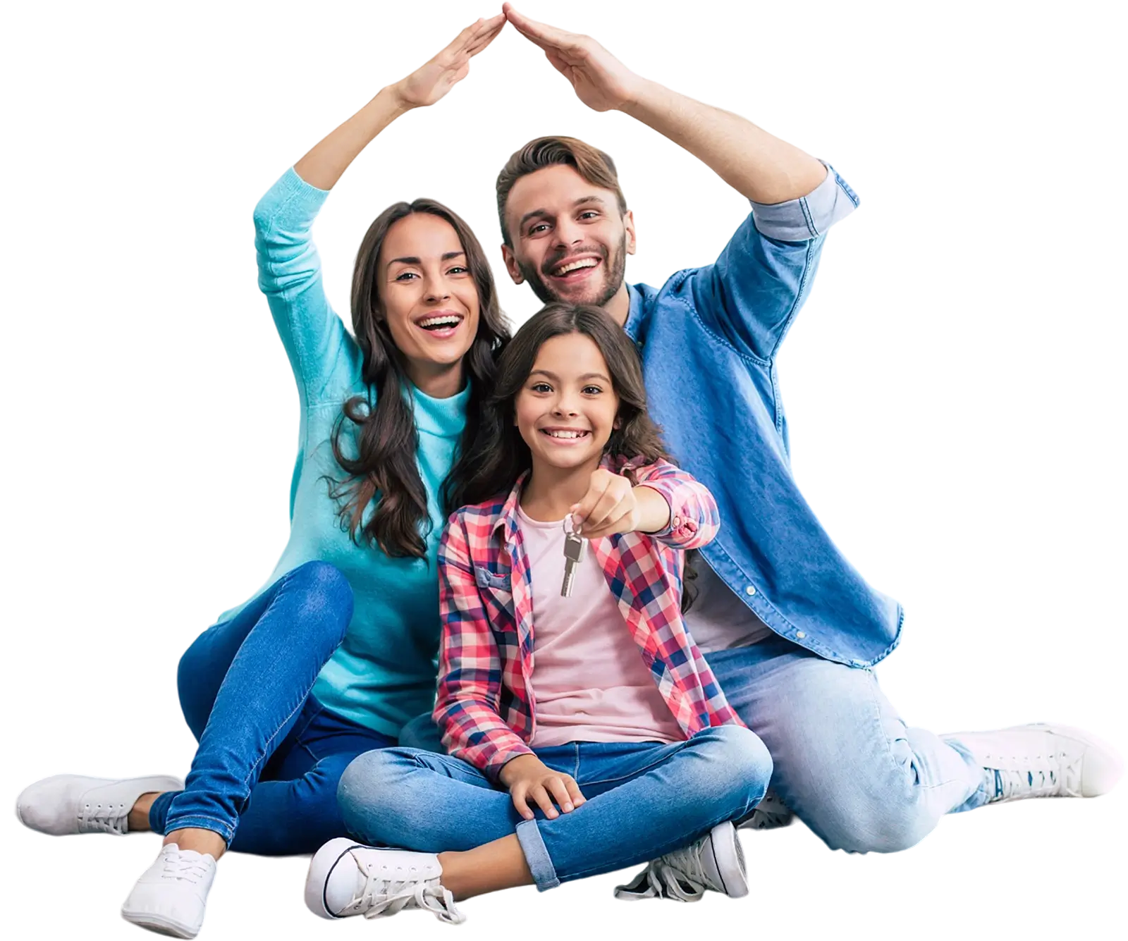  Familia de tres personas celebrando la construcción de su sueño de vivienda sentados en su nuevo hogar